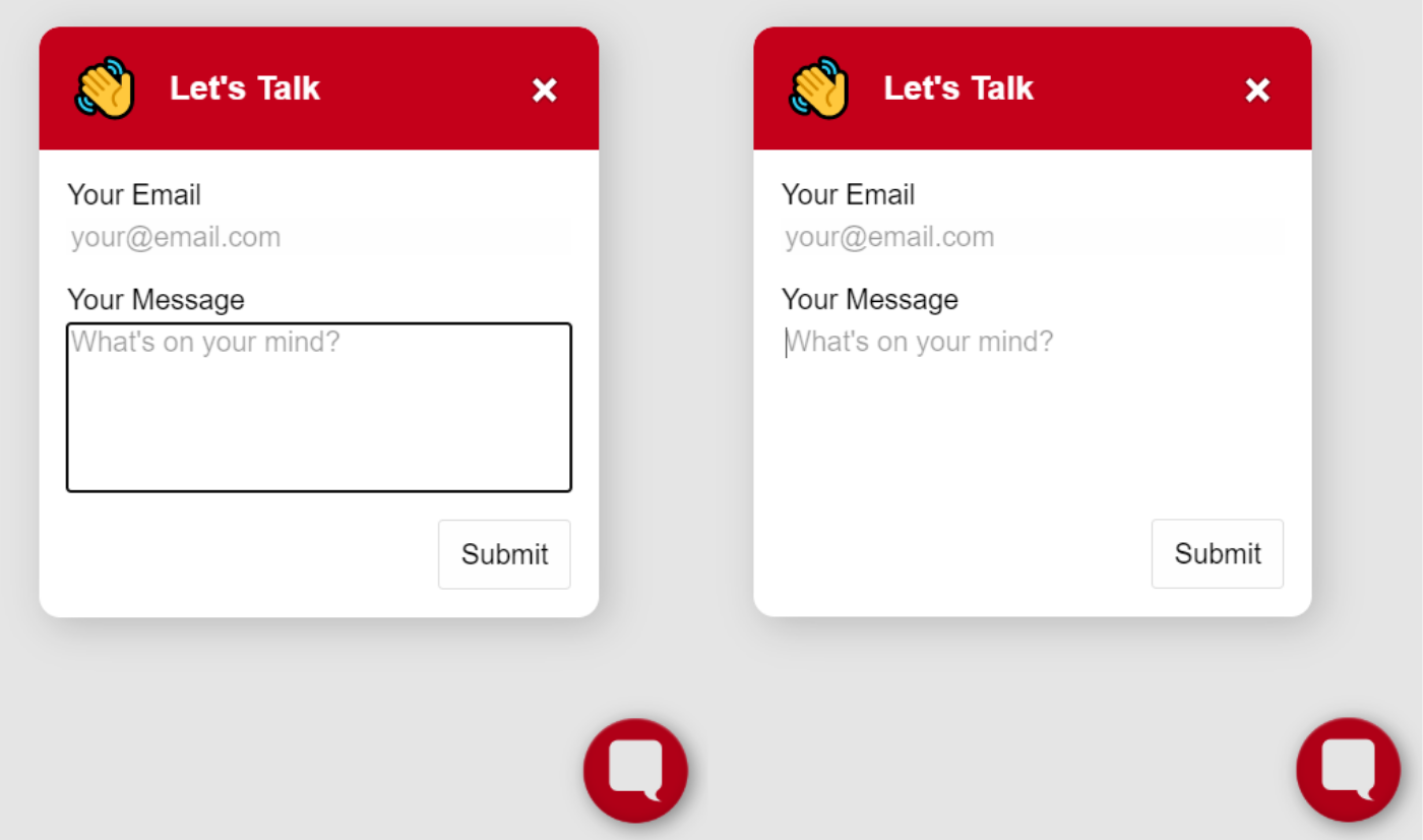Two small red and white contact forms sit next to red speech bubbles. On the left, a black box surrounds the text field labeled by “Your Message.” On the right, no box appears.