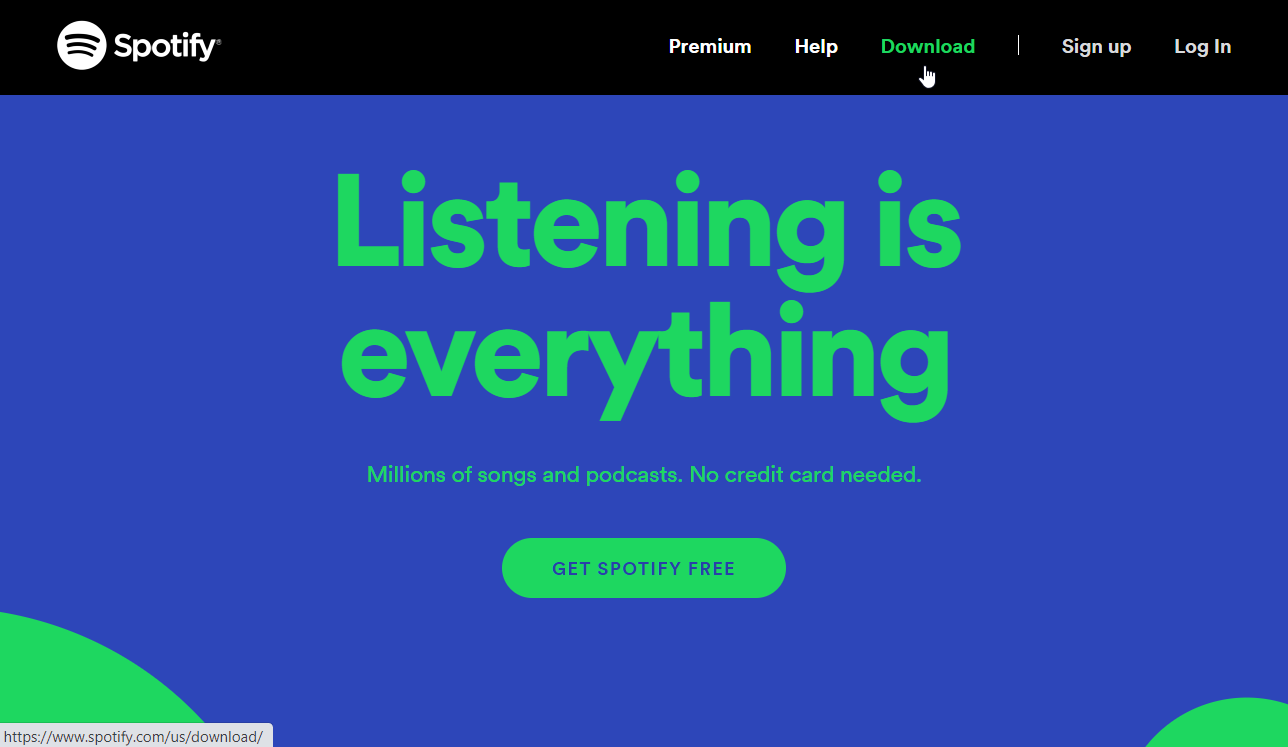 The Spotify home screen with a black banner at the top. A mouse cursor is next to the “Download” option, which has turned from white to green.