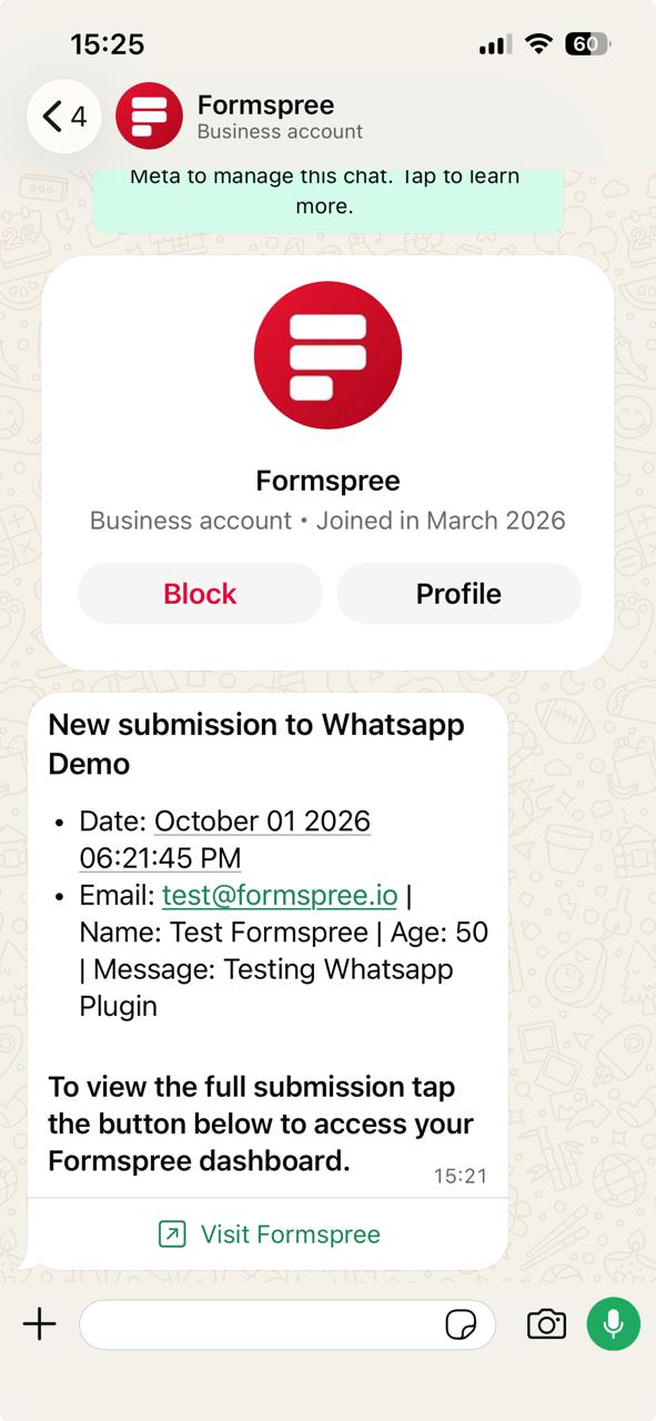 A Formspree form submission delivered as a WhatsApp message