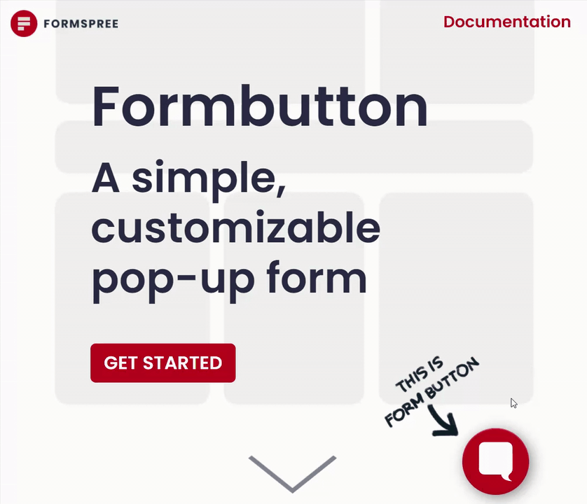 The Formbutton landing page has a small, red chat bubble in the lower-right corner that leads to a simple contact form with the banner “Let’s Talk.”