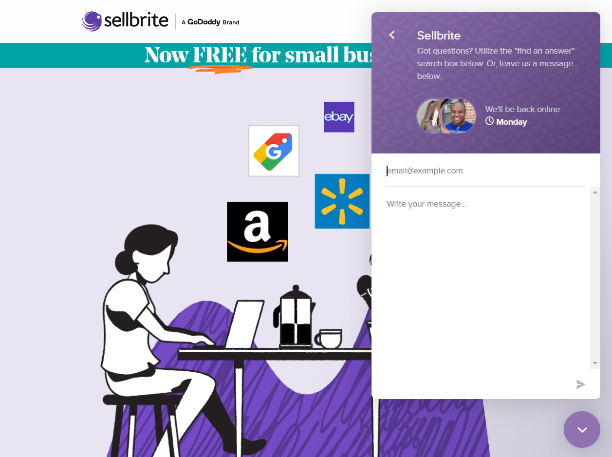 Sellbrite’s ecommerce tools website has a purple chat pop-up in the lower right corner. Next to a support rep’s icon, the text reads, “We’ll be back online Monday.”