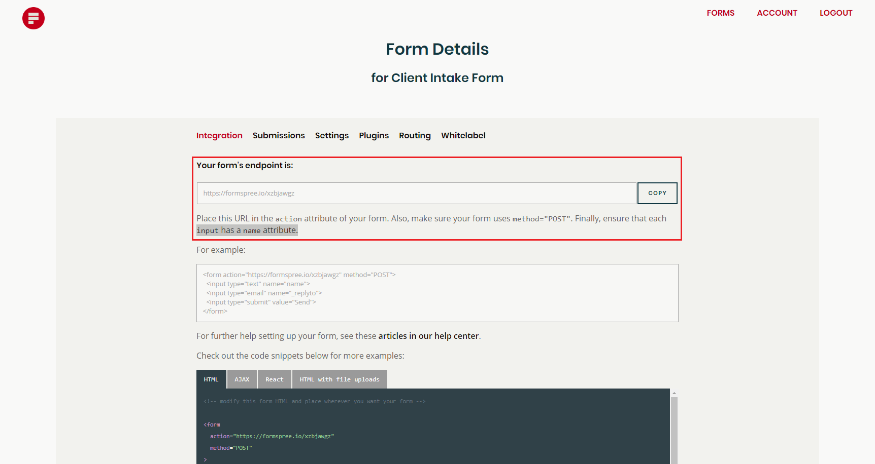 client intake form endpoint