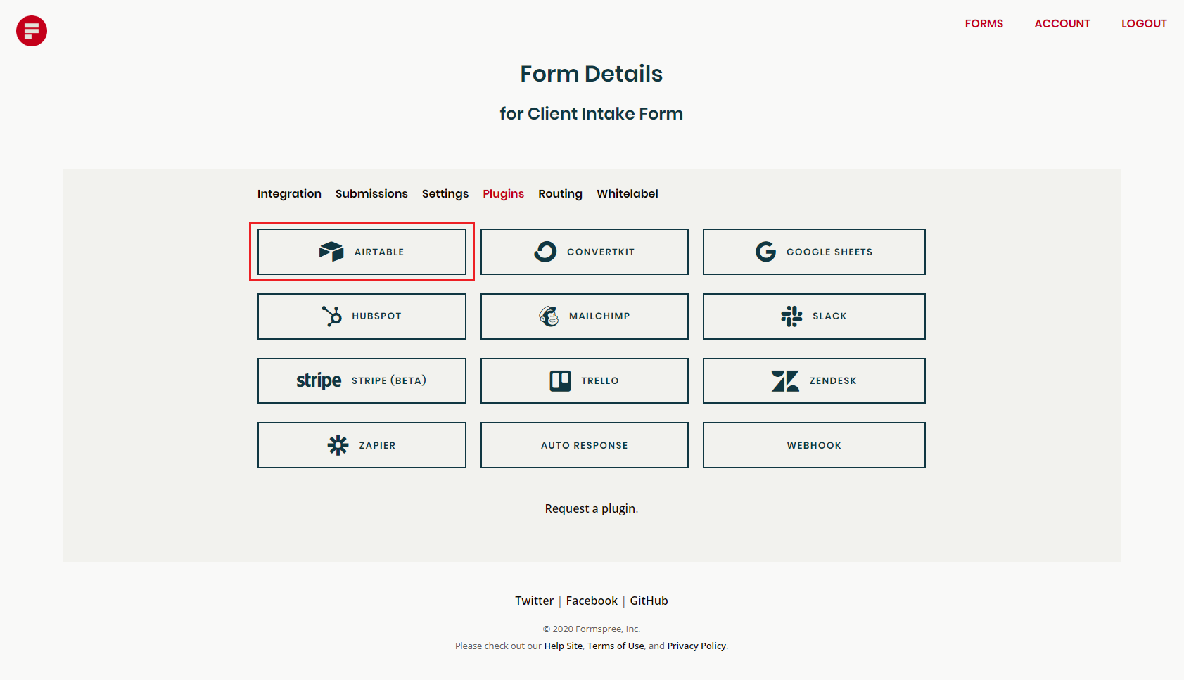 client intake form plugin page