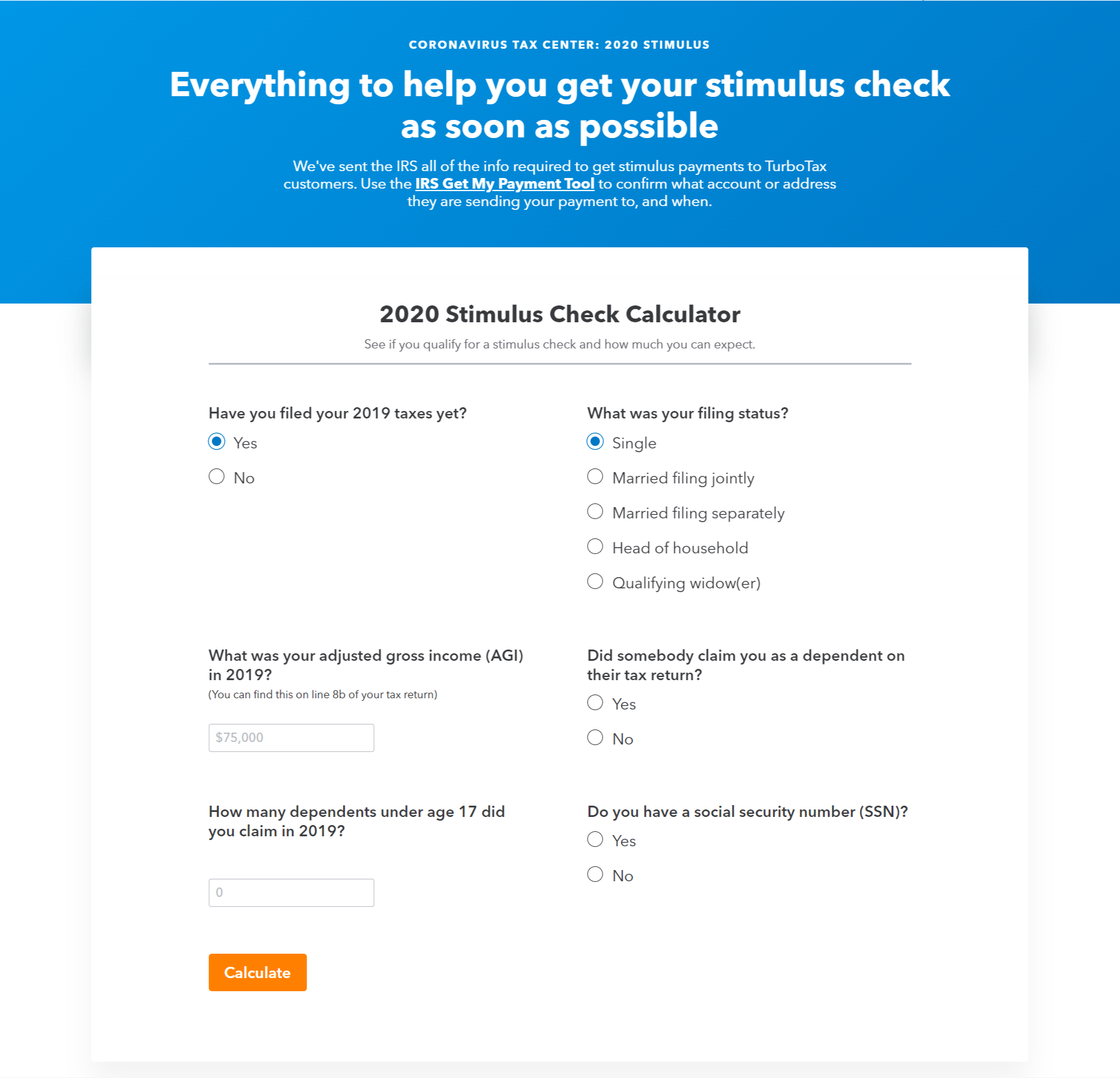 TurboTax uses plenty of white space with blue and orange accents on their Stimulus Check Calculator tool.