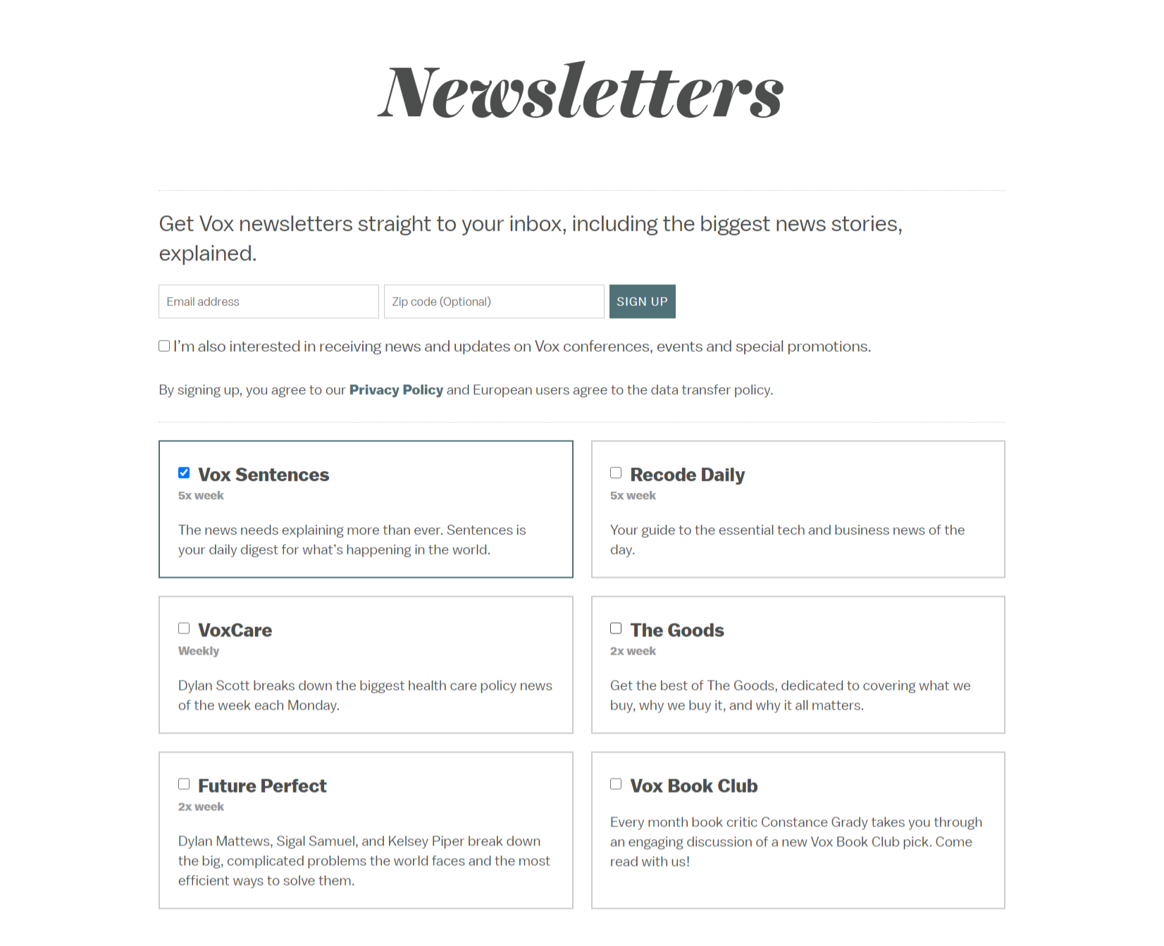 Vox’s newsletter sign up form uses checkboxes and a simple black and white design