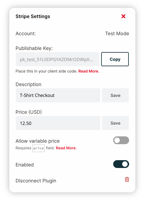 A popup window for “Finish Stripe Setup” in Test Mode, where the user enters a description, currency, and price.