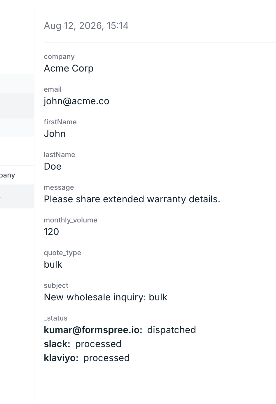 Test submission in the Formspree Submissions tab, with Slack and Klaviyo both marked as processed