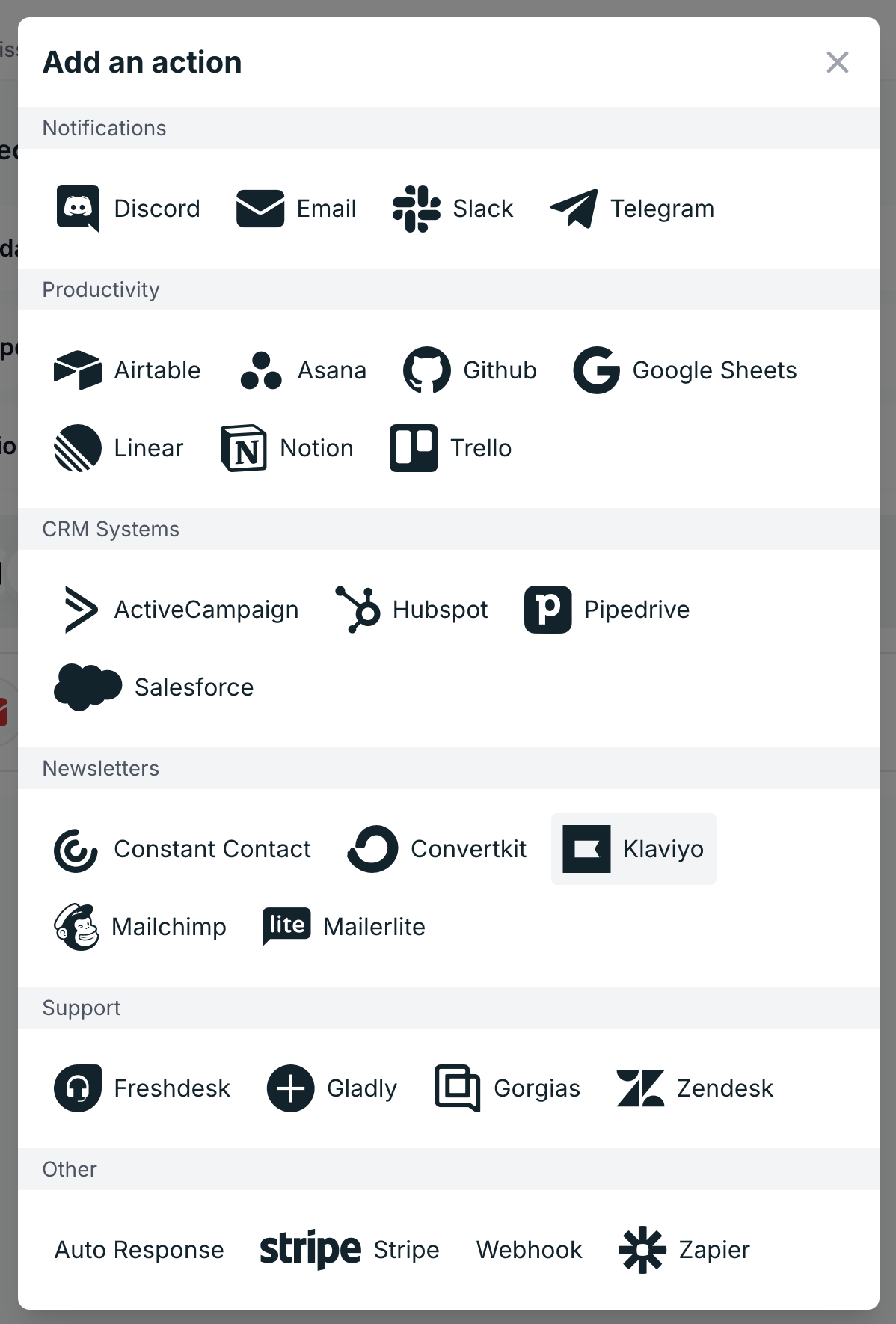 Selecting the Klaviyo plugin in the Formspree Workflow tab