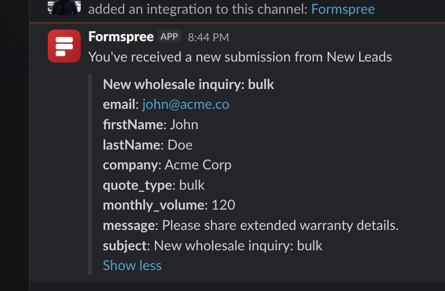 Slack notification for the test wholesale inquiry