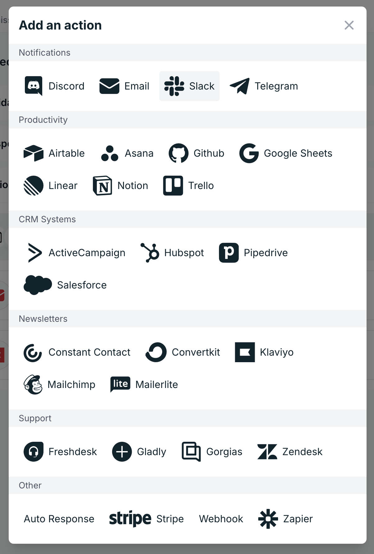 Selecting the Slack plugin in the Formspree Workflow tab