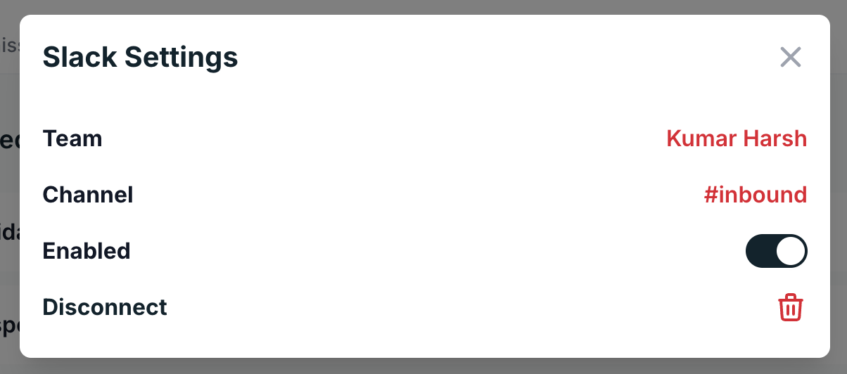 Slack plugin settings showing the connected team and channel