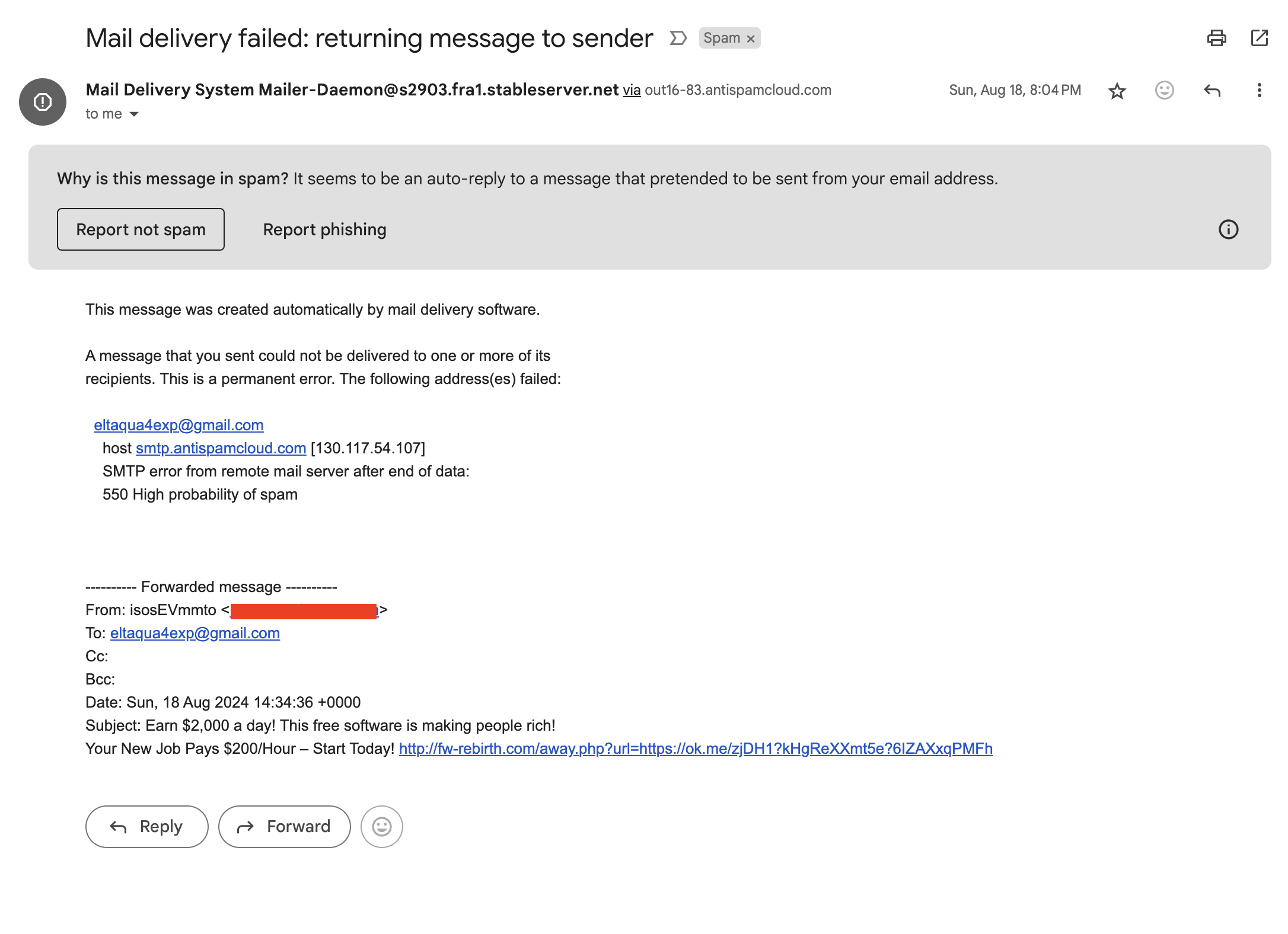 An email spammer trying to trick you into believing you were trying to send them the spam email, just to avoid getting tagged as &ldquo;spam&rdquo;