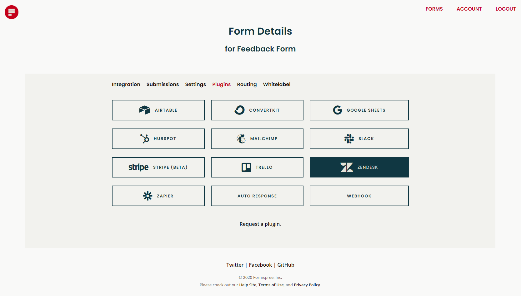 feedback form plugin page