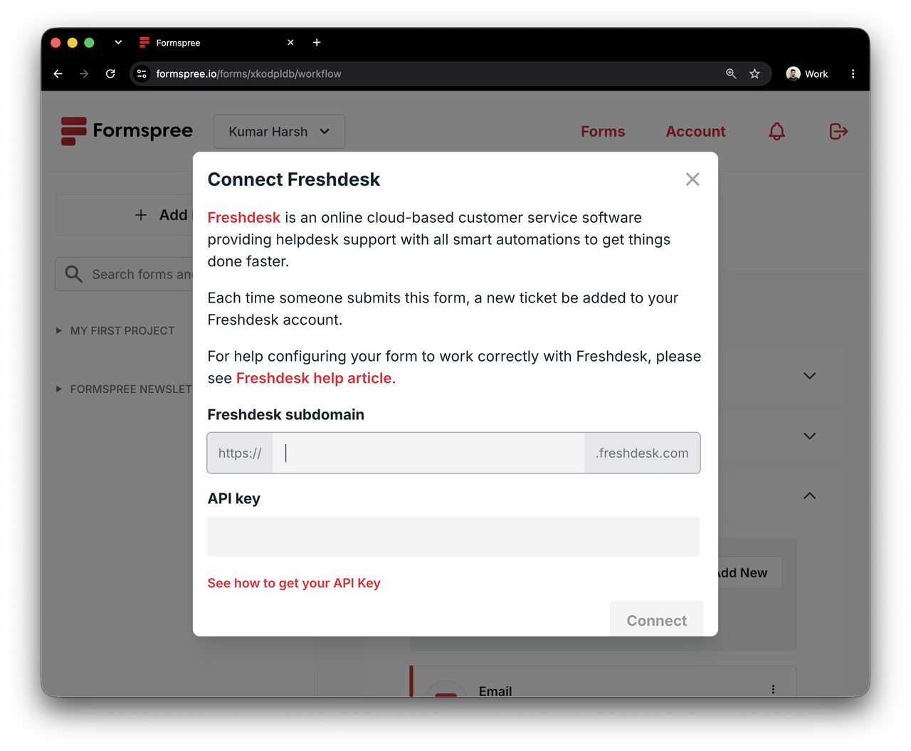 Configuring the Freshdesk plugin in Formspree