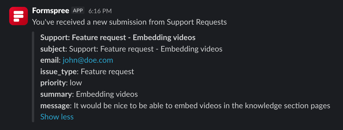 Slack channel showing a formatted Formspree notification with the issue type, priority, summary, and message fields