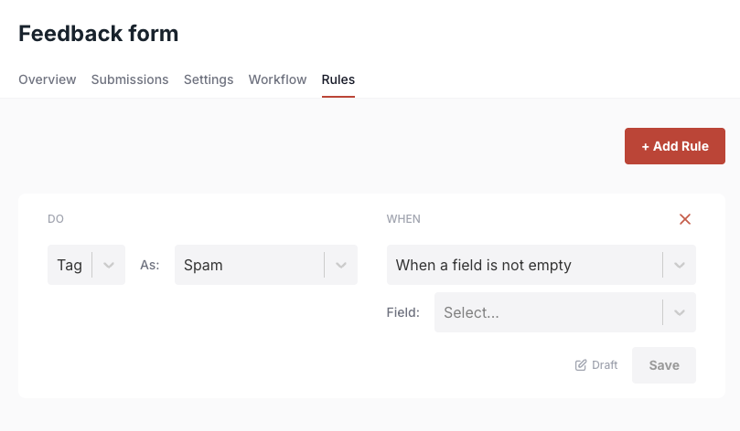 Formspree custom honeypot form rule configuration