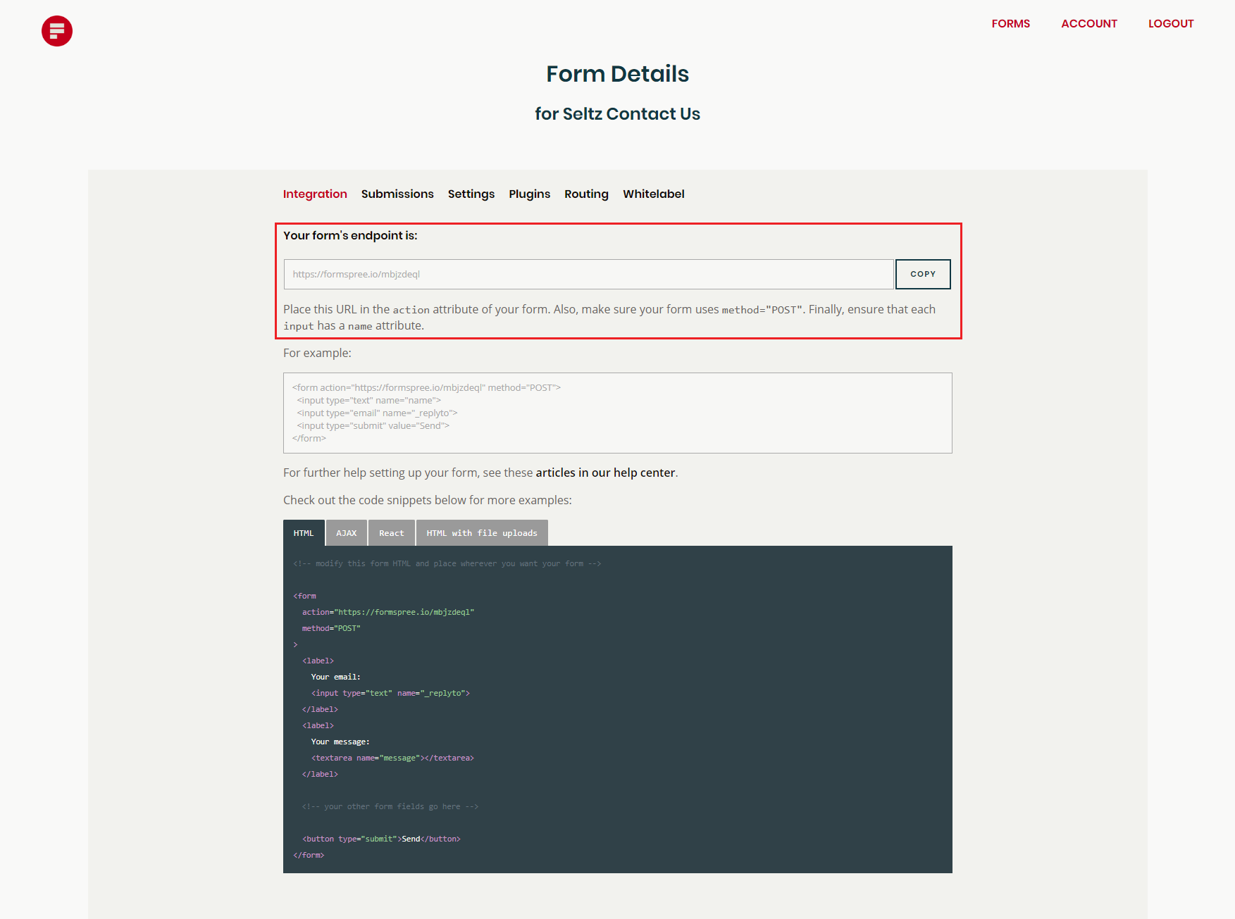 HTML contact form endpoint