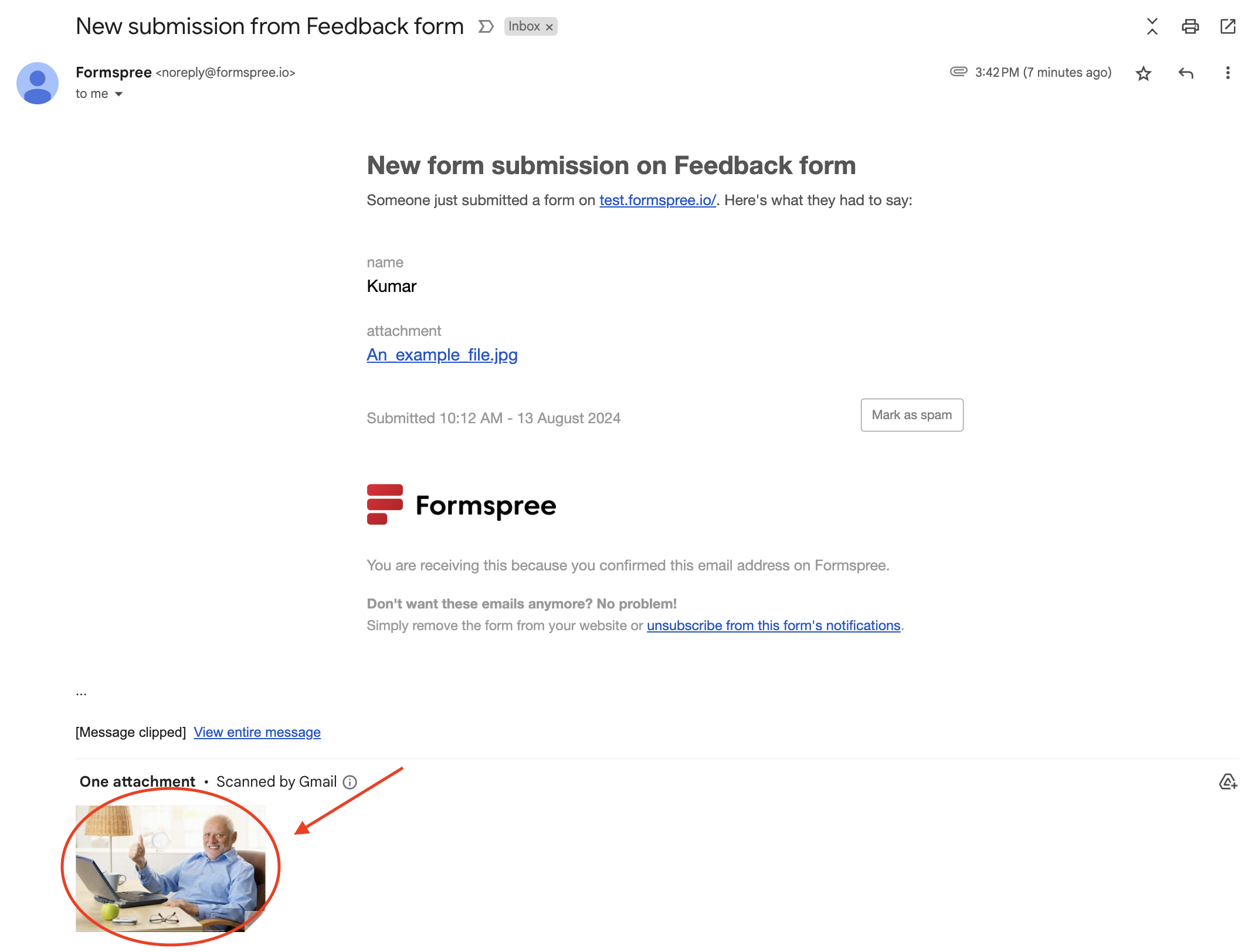 Email from Formspree containing the uploaded file as an attachment.