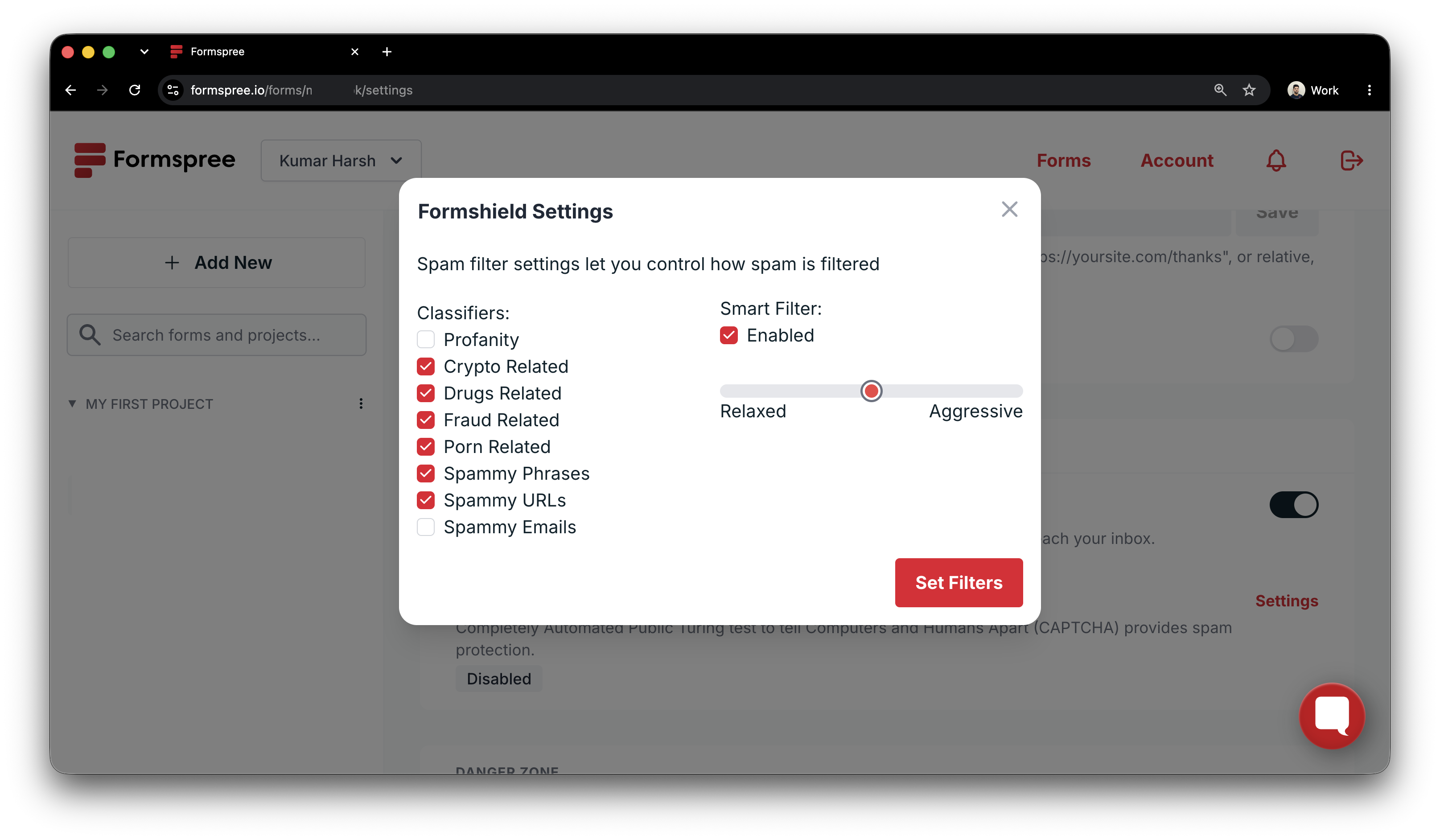 Formspree Formshield spam filtering settings