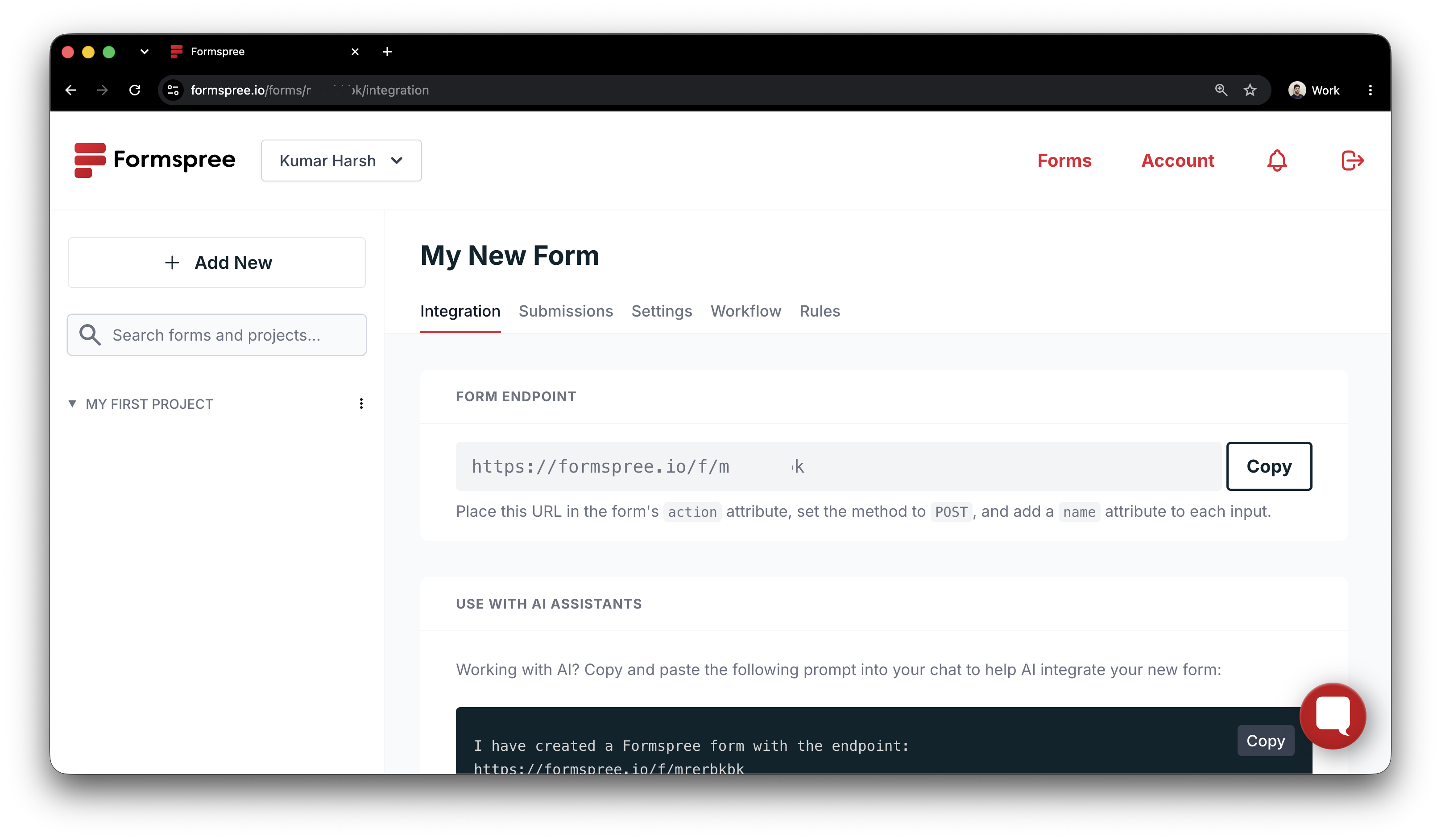 Formspree dashboard showing a newly created form