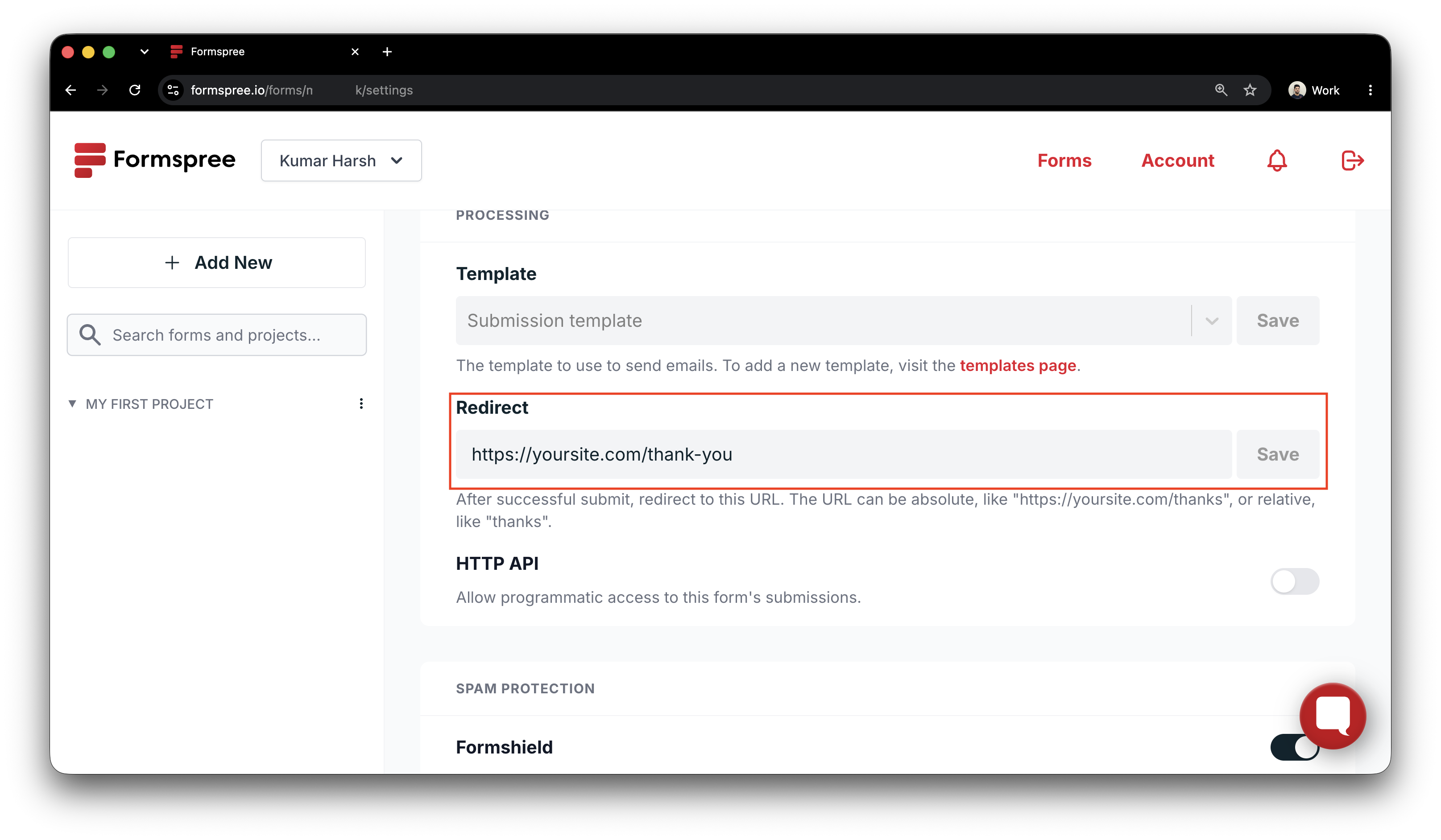 Formspree form settings showing the redirect URL configuration