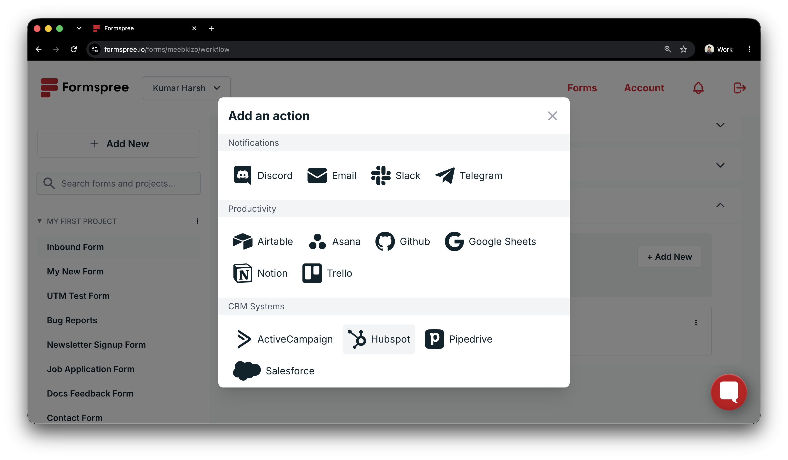HubSpot plugin in the Formspree Workflow tab