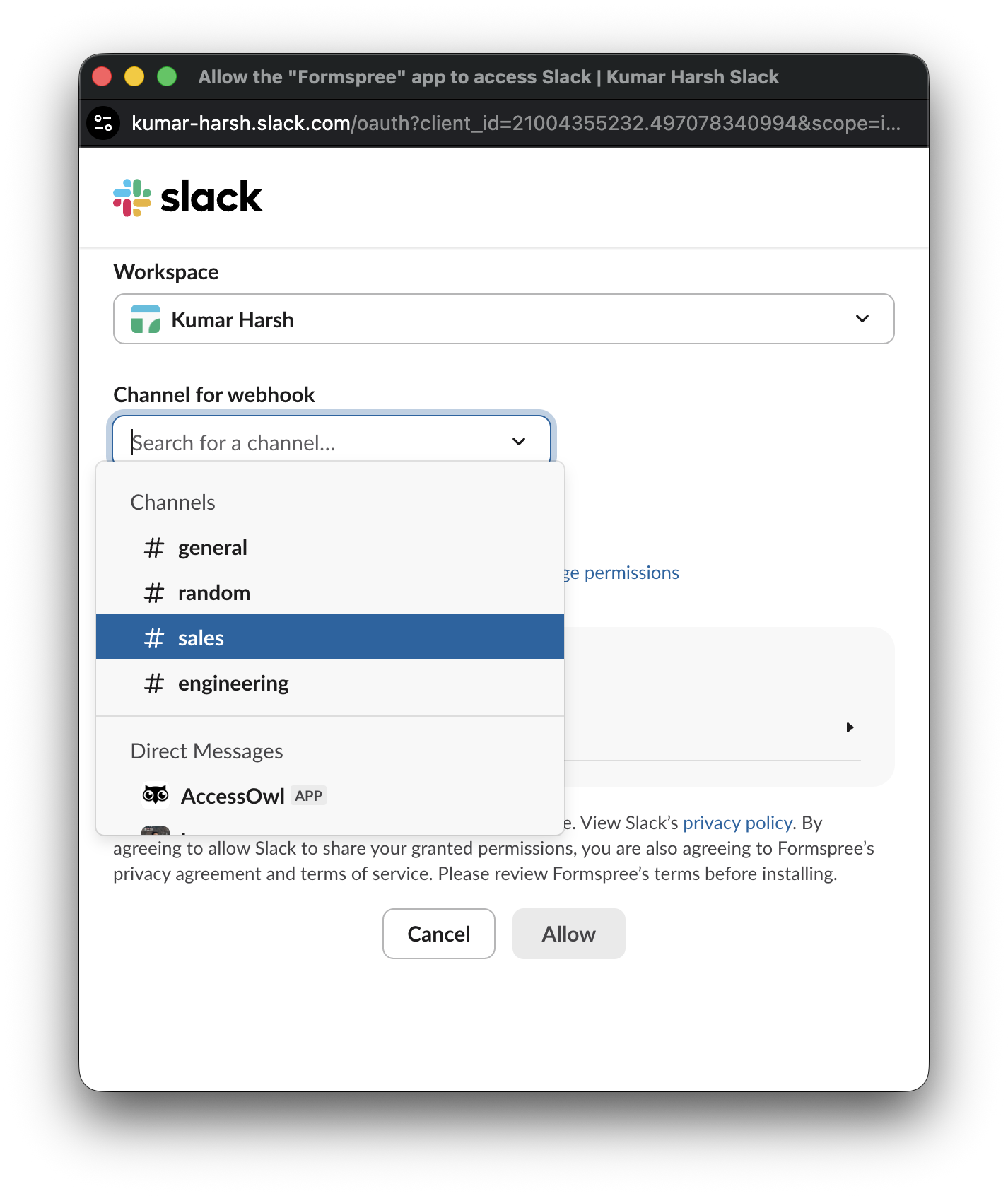 Selecting the Slack plugin under Actions in Formspree