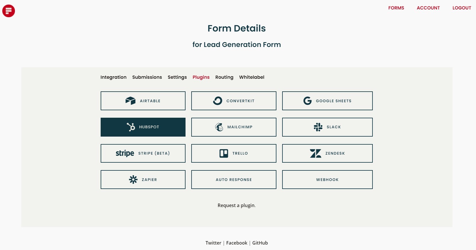 Formspree’s plugin page with the HubSpot integration selected