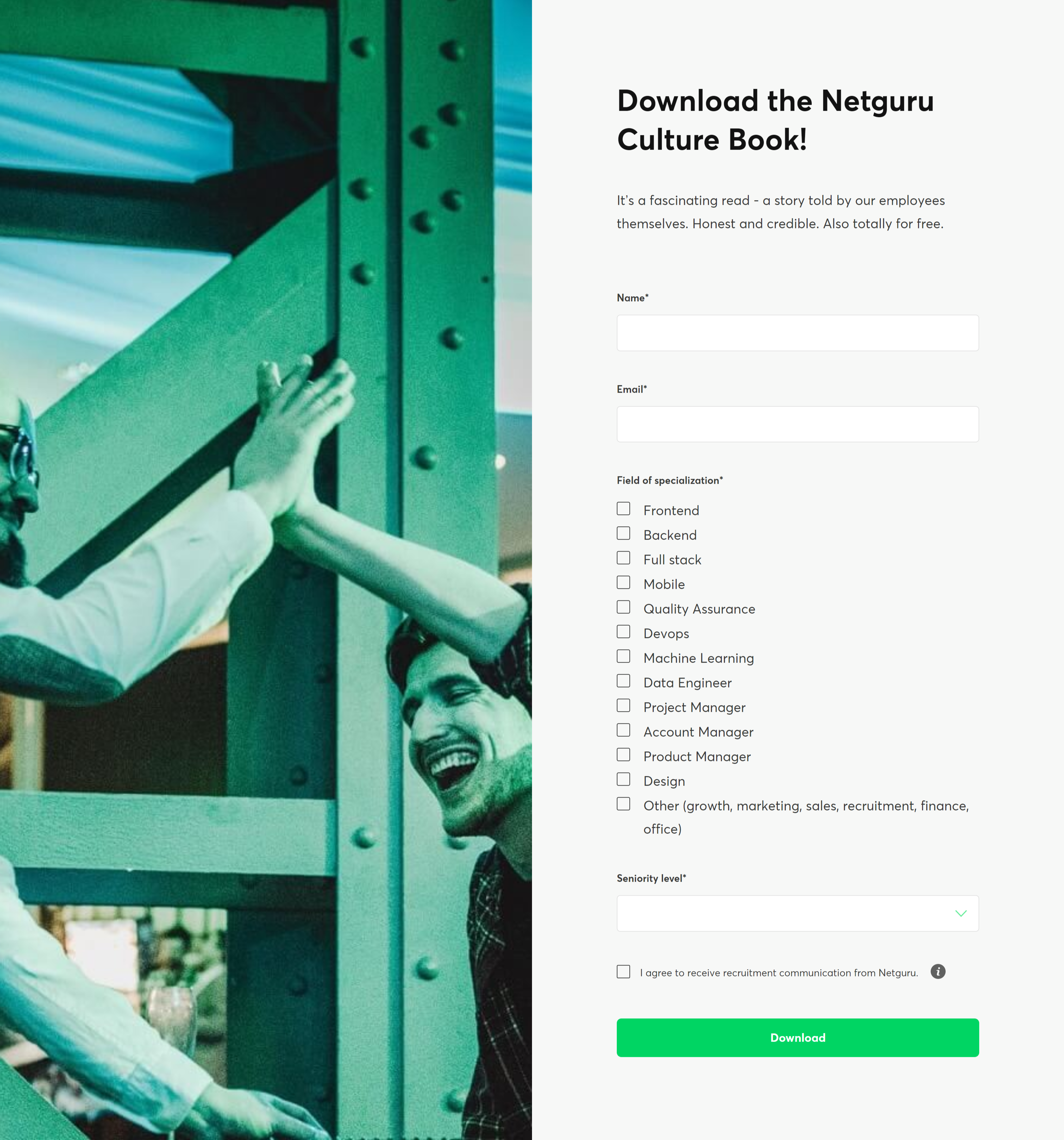 A webpage by Netguru inviting you to download their Culture Book in exchange for your email