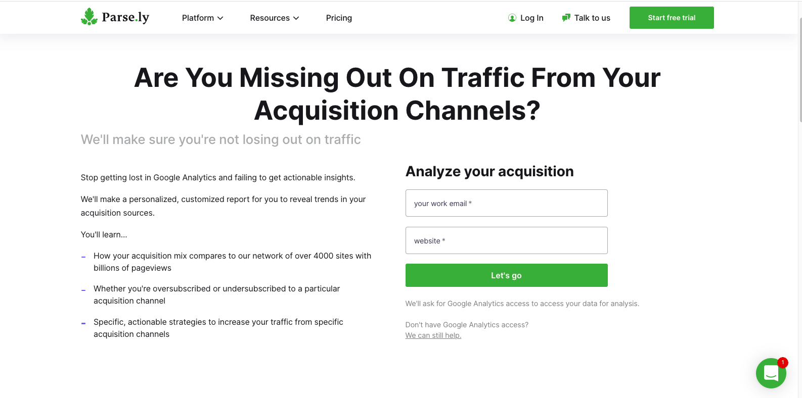 A webpage where Parse.ly offers to analyze a business’s website acquisition traffic in a personalized report