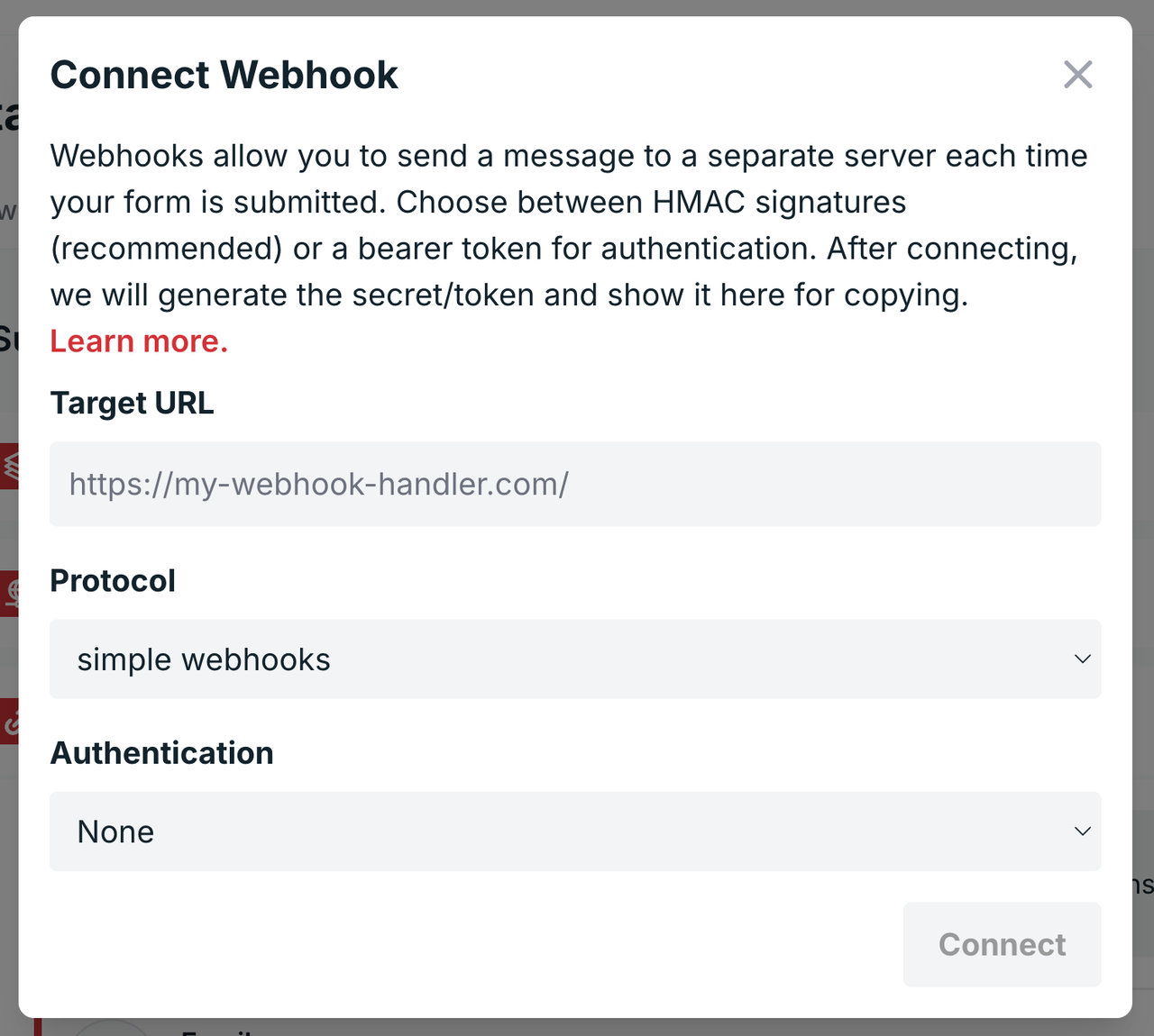 The webhook setup popup in Formspree