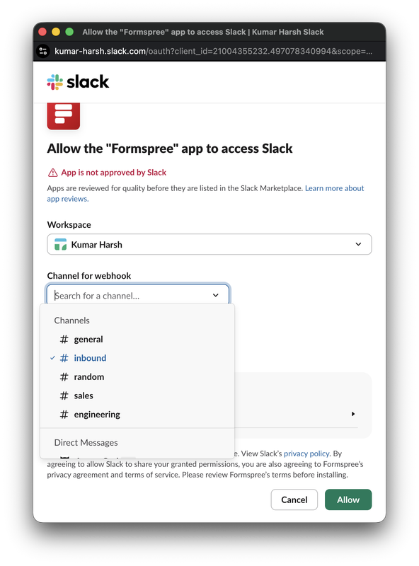 Selecting a Slack channel