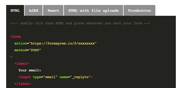 HTML form integration code
