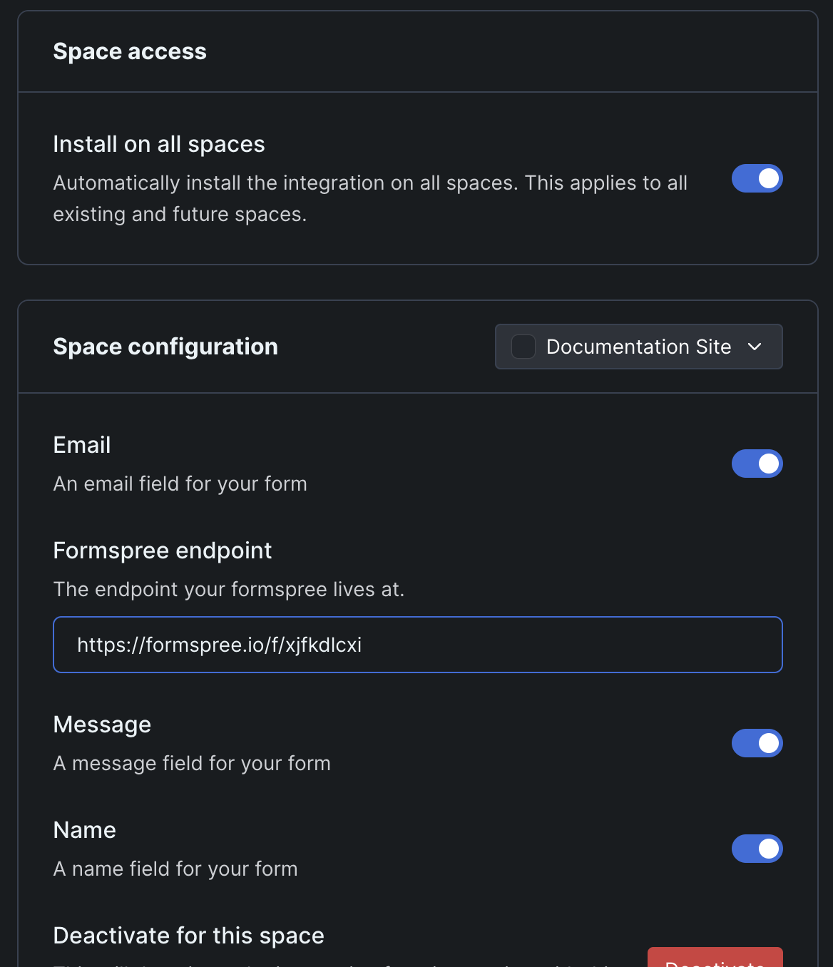 Formspree configuration on GitBook