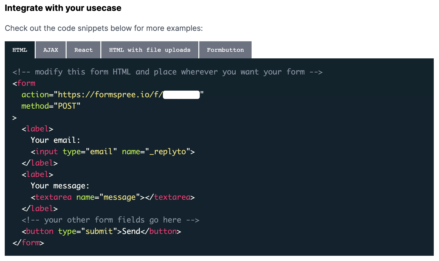 Integration view of the sample code section, tabbed with alternative language samples