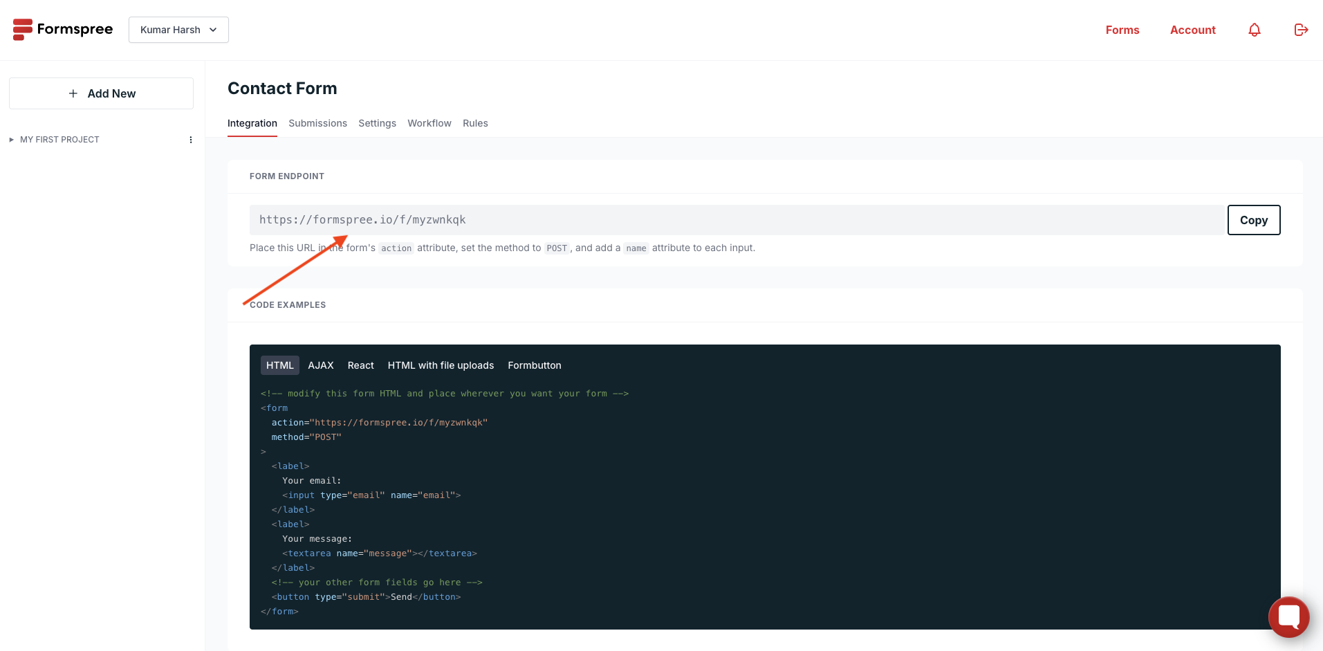 Formspree form endpoint