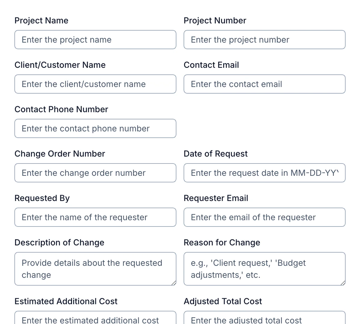 Preview of Change Order Form