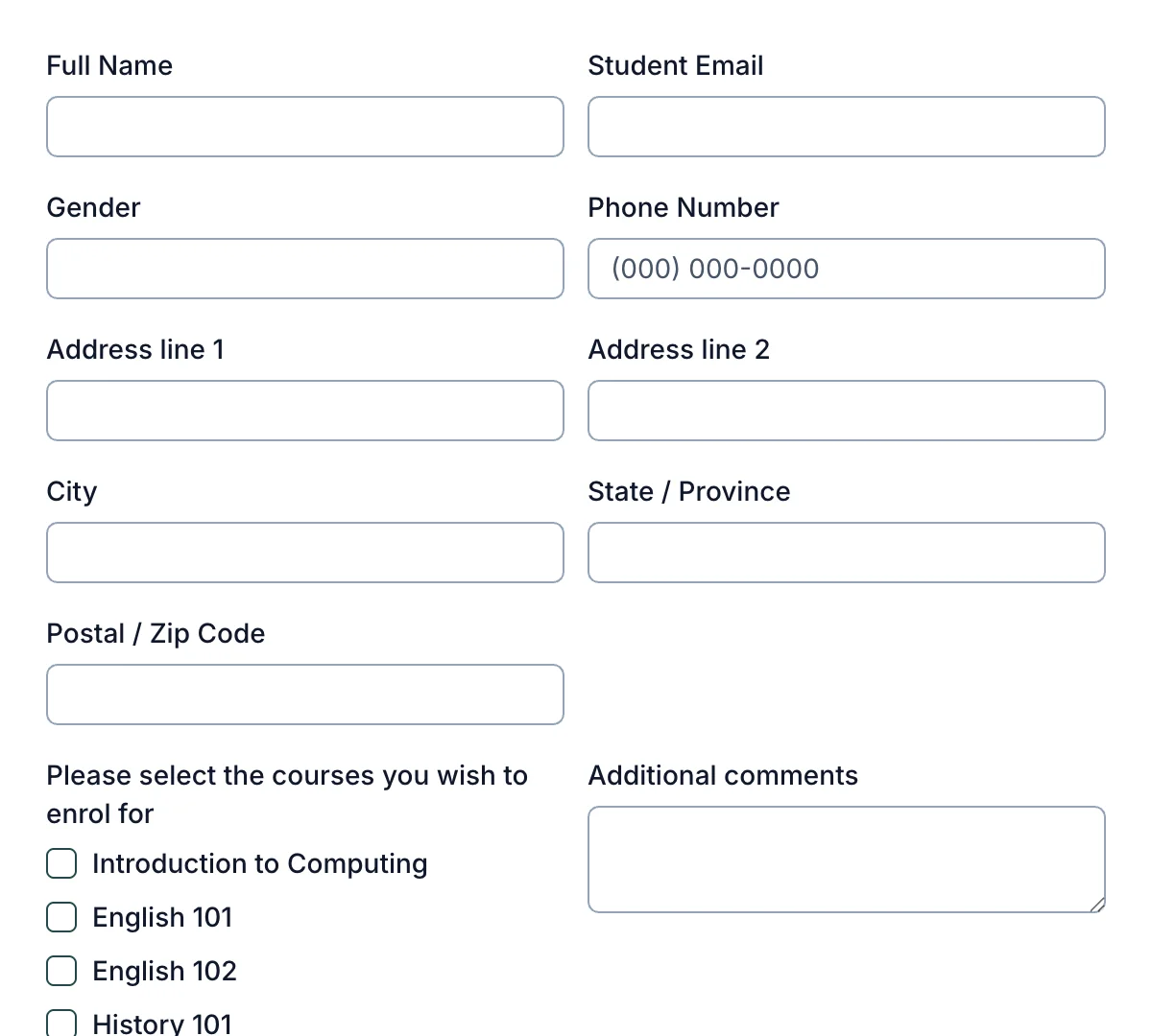 Preview of Course Enrollment Form