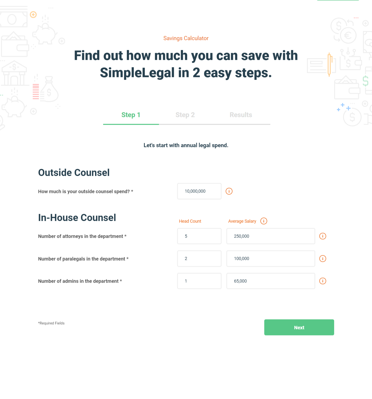 The savings calculator invites users to enter how much their outside counsel and in-house counsel cost each year.