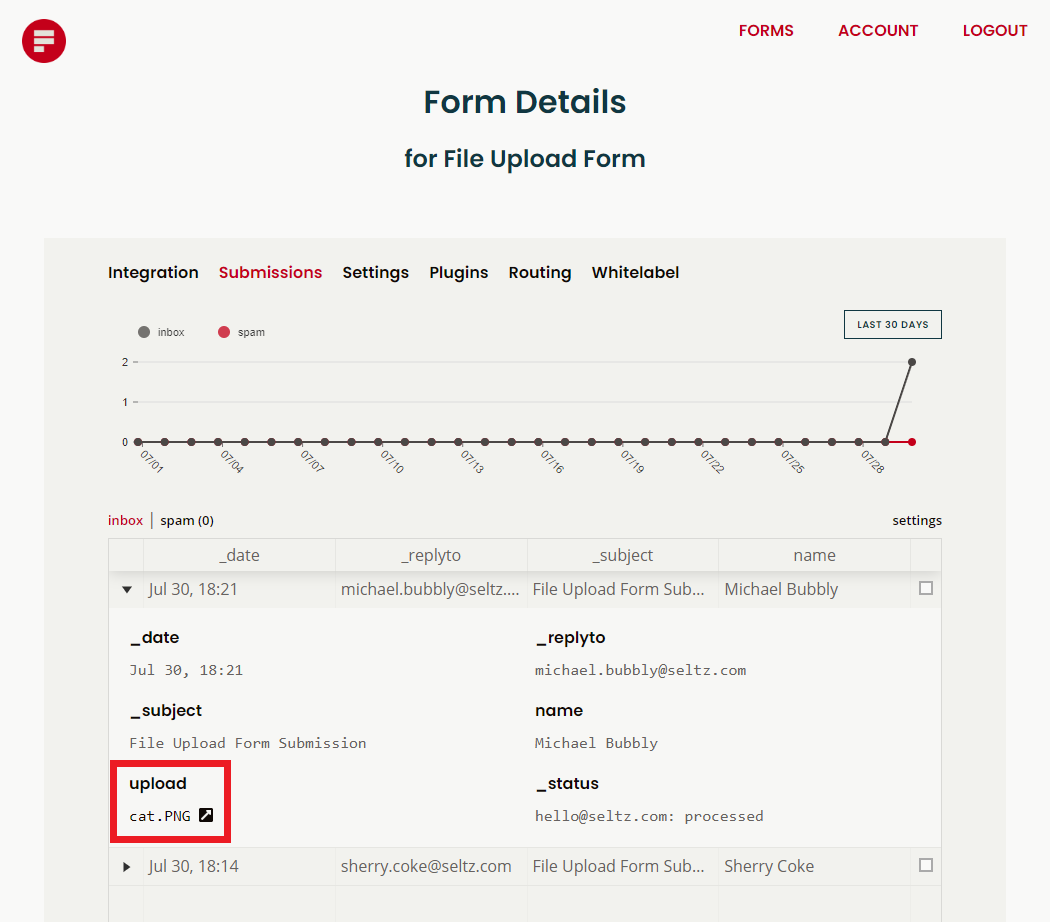 file upload form submissions in Formpsree