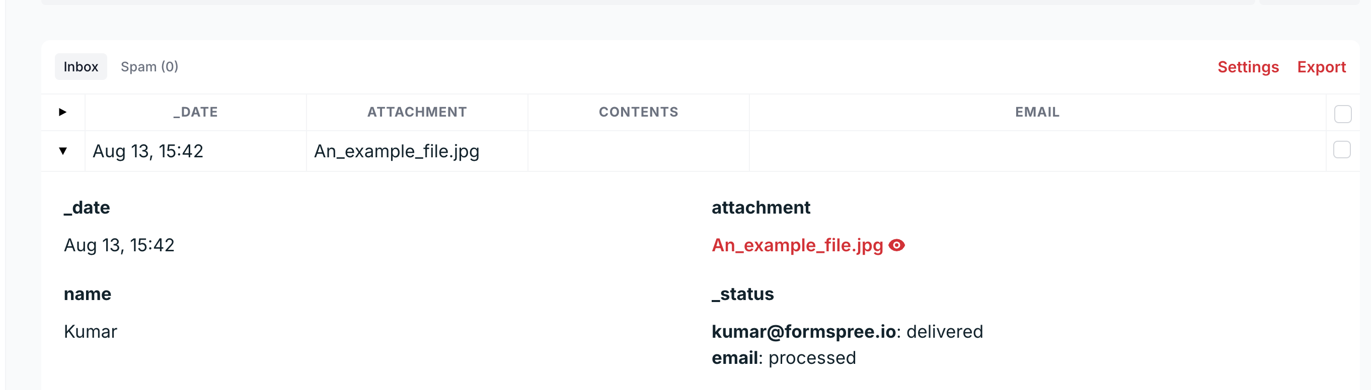 Form submission record in the Formspree dashboard showing a link to the uploaded file.