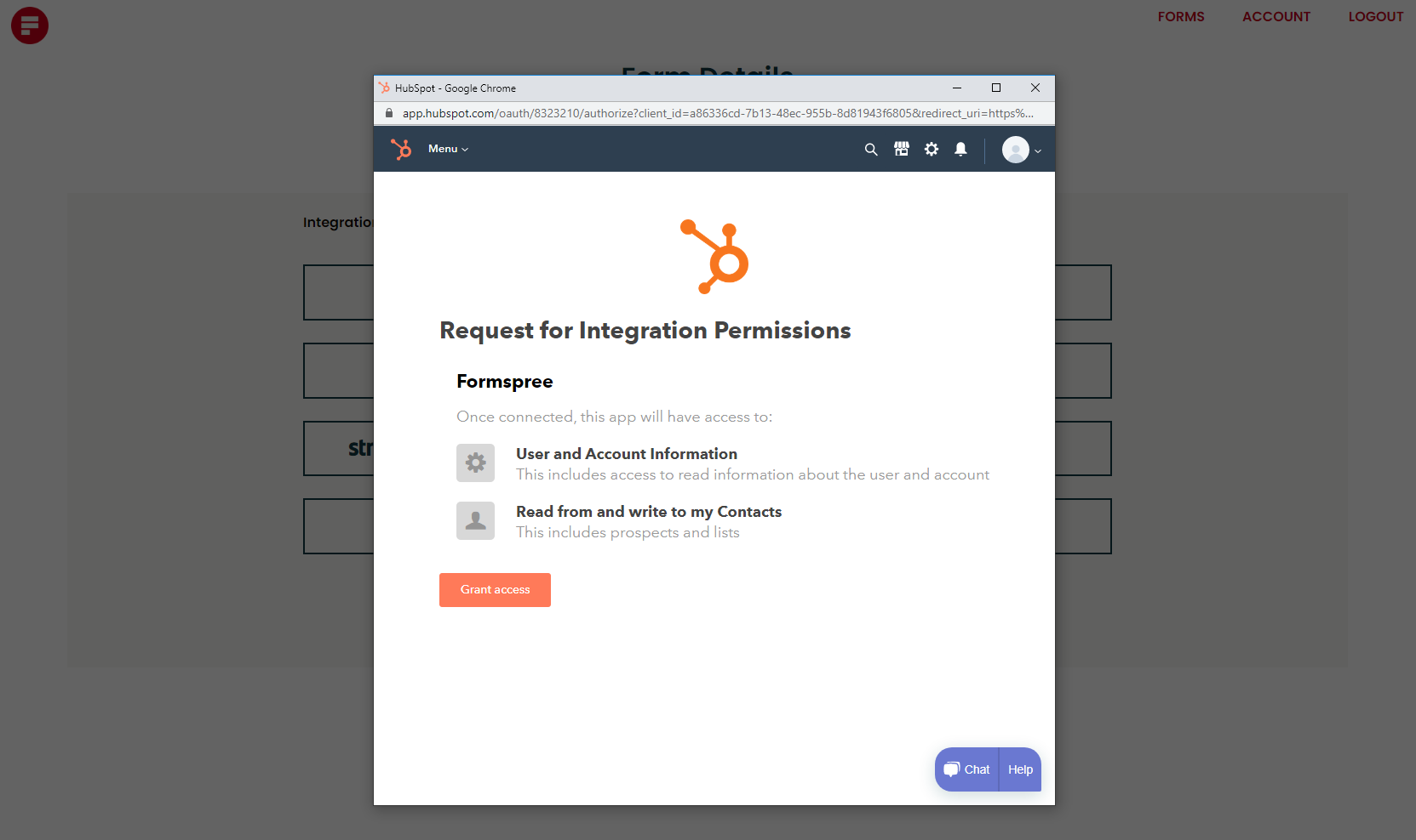 Pop-up box prompting users to grant HubSpot access to their Formspree account