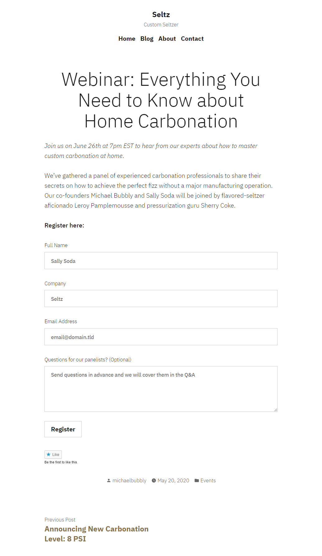 Seltz webinar registration page